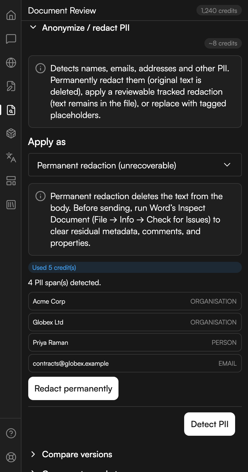 The Anonymize / redact PII section open. An Apply as dropdown reads Permanent redaction (unrecoverable), above the warning about running Word's own Inspect Document before sending. A line says four PII spans were detected, and four rows follow, each showing the detected text with its category at the right: two organisations, a person and an email address. A Redact permanently button sits below them, and a Detect PII button at the foot.