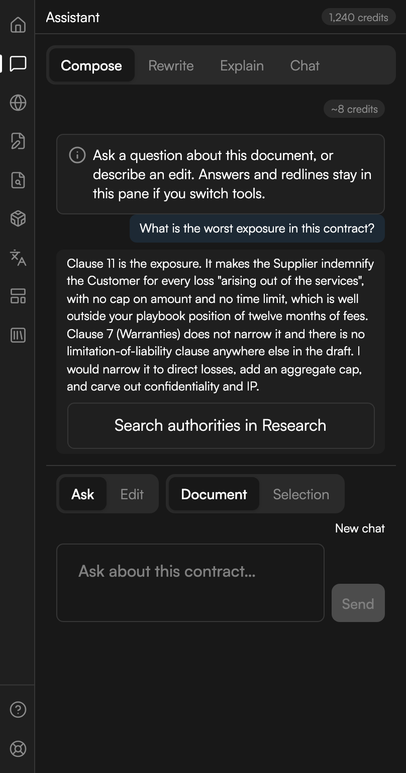 The Assistant on Compose. A question about the worst exposure in the contract sits on the right, and the answer below names the clause and says what it lacks. A full-width button reading Search authorities in Research sits under the answer. The mode row below shows Ask and Document chosen, above an empty composer.