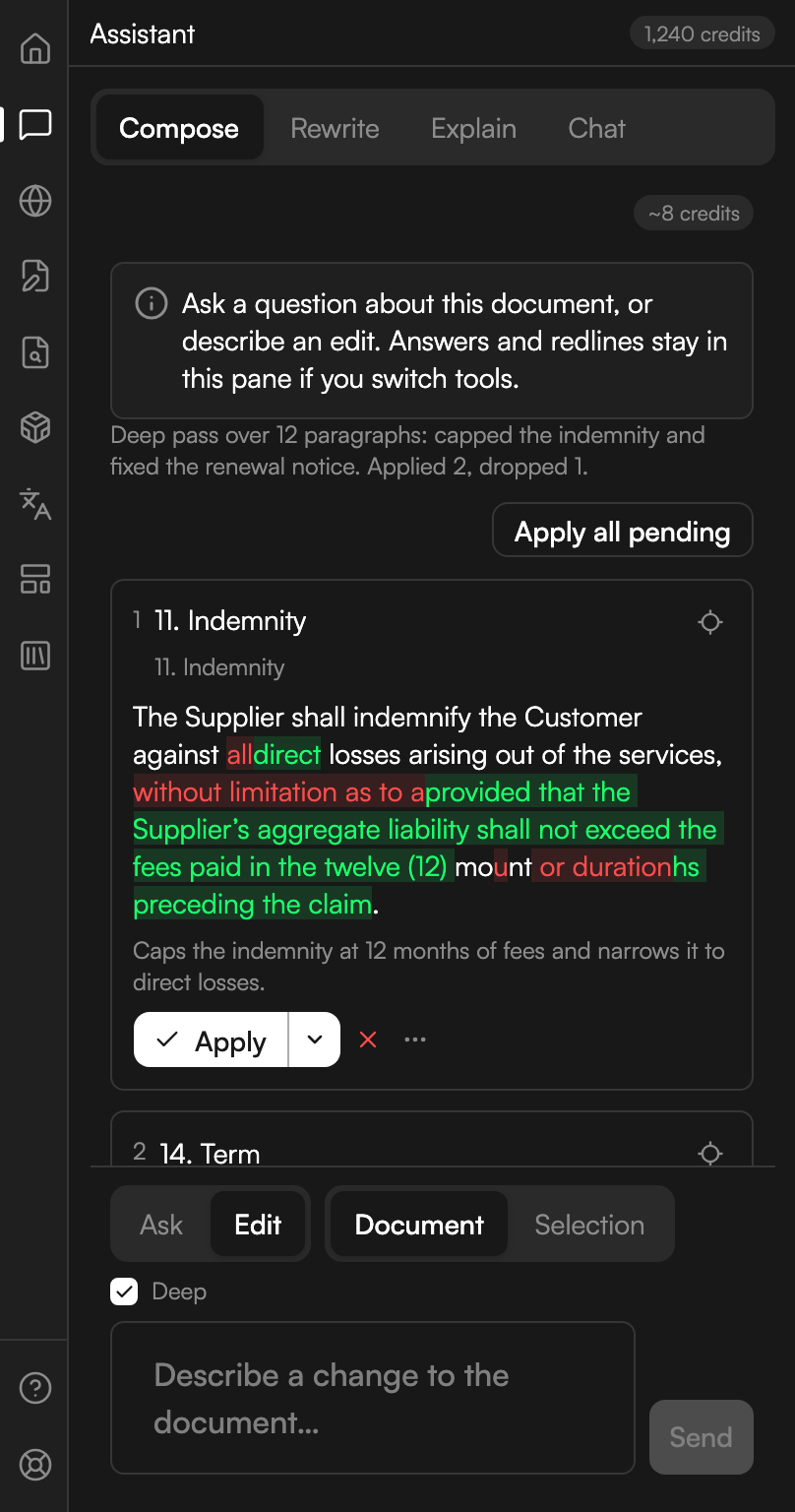 The Assistant on Compose. Below a stack of proposed edits sit two segmented controls, Ask and Edit with Edit chosen, and Document and Selection with Document chosen. A ticked checkbox labelled Deep sits under them, above a composer box placeholdered Describe a change to the document. The summary line above the cards says a deep pass ran over twelve paragraphs, applied two edits and dropped one.