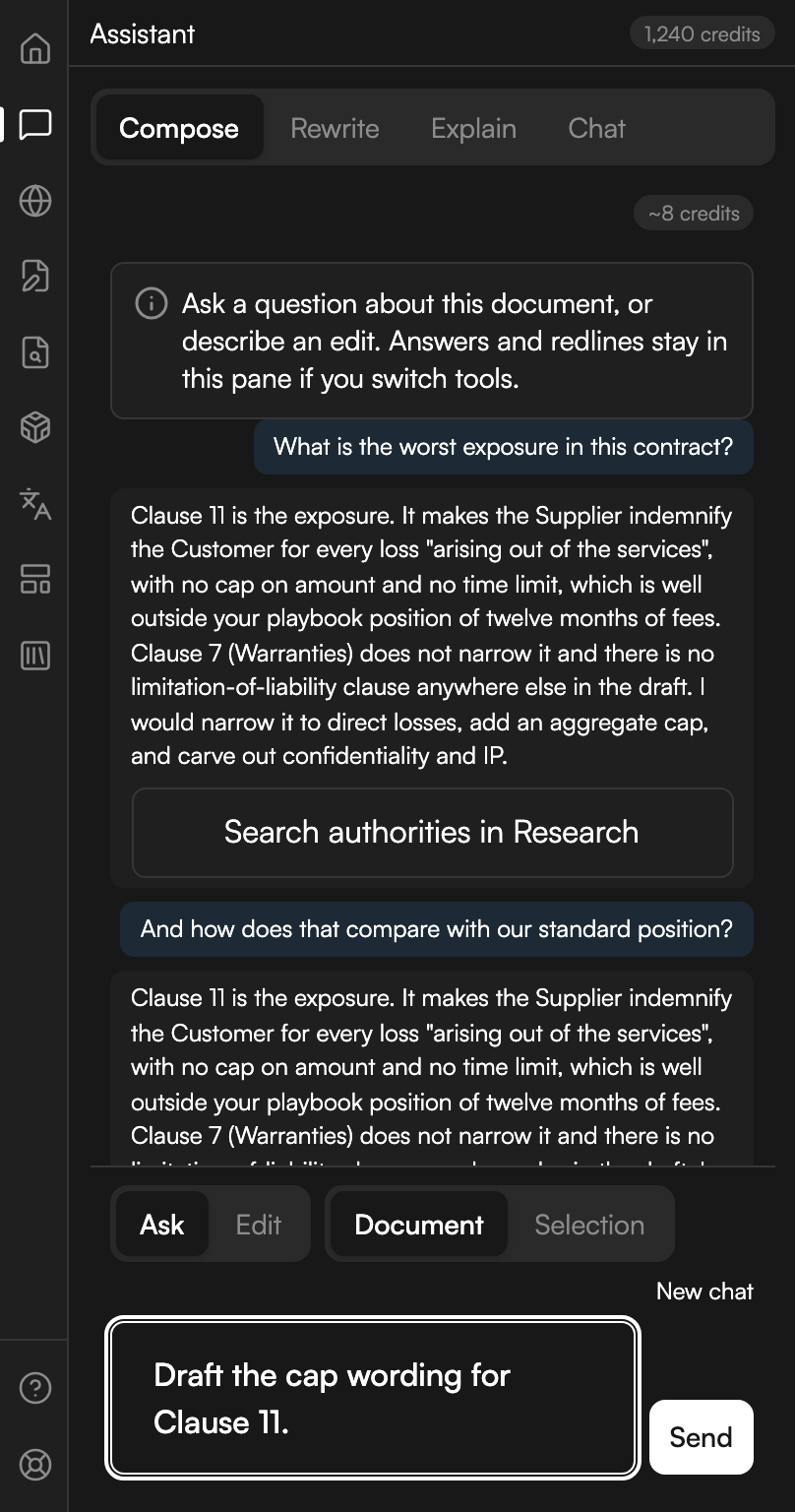 The Assistant on Compose in Ask mode. Two question and answer turns fill the panel, the questions on the right and the answers on the left, with a Search authorities in Research button under the first answer. Below them the mode row shows Ask and Document chosen with a New chat link at the right, and the composer holds a typed follow-up with a black Send button beside it.