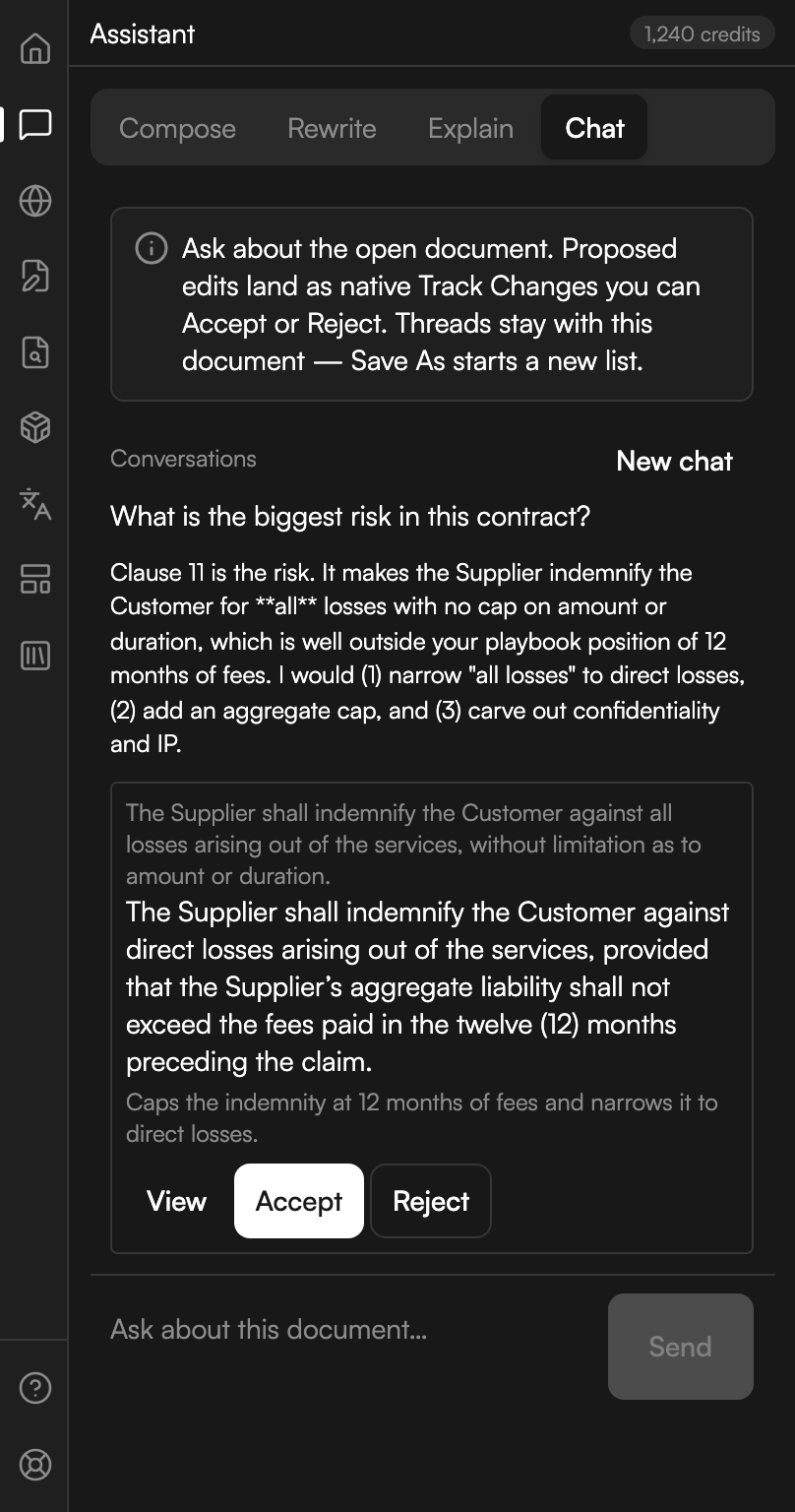 The Assistant on the Chat tab. Under a note about proposed edits landing as tracked changes sit a Conversations label and a New chat link. A question about the biggest risk in the contract is answered in full, and below the answer a card shows the current clause in grey above the proposed replacement, with View, Accept and Reject buttons. The composer at the foot is placeholdered Ask about this document.