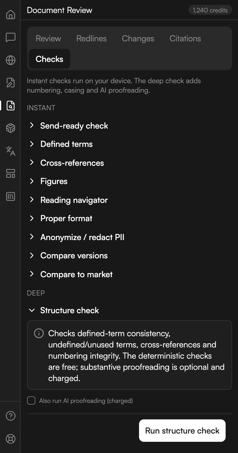 The Checks tab of Document Review. Under a note about instant checks running on your device, a group headed Instant lists nine collapsed sections, from Send-ready check down to Compare to market. A group headed Deep below it holds Structure check, opened to show its description, an unticked checkbox reading Also run AI proofreading (charged), and a Run structure check button.