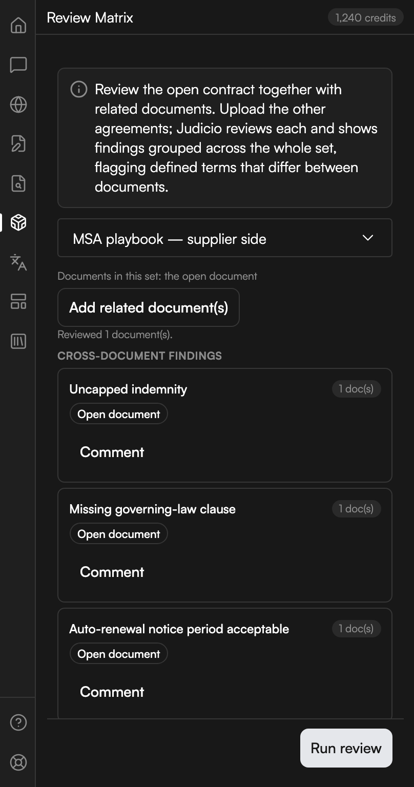 The Review Matrix workspace. A dropdown reads MSA playbook, supplier side. A line says the set holds the open document, with an Add related document(s) button under it and a line reporting one document reviewed. A heading reads Cross-document findings, and three findings follow, each showing how many documents it appears in, a chip reading Open document, and a Comment button. A Run review button sits at the foot.