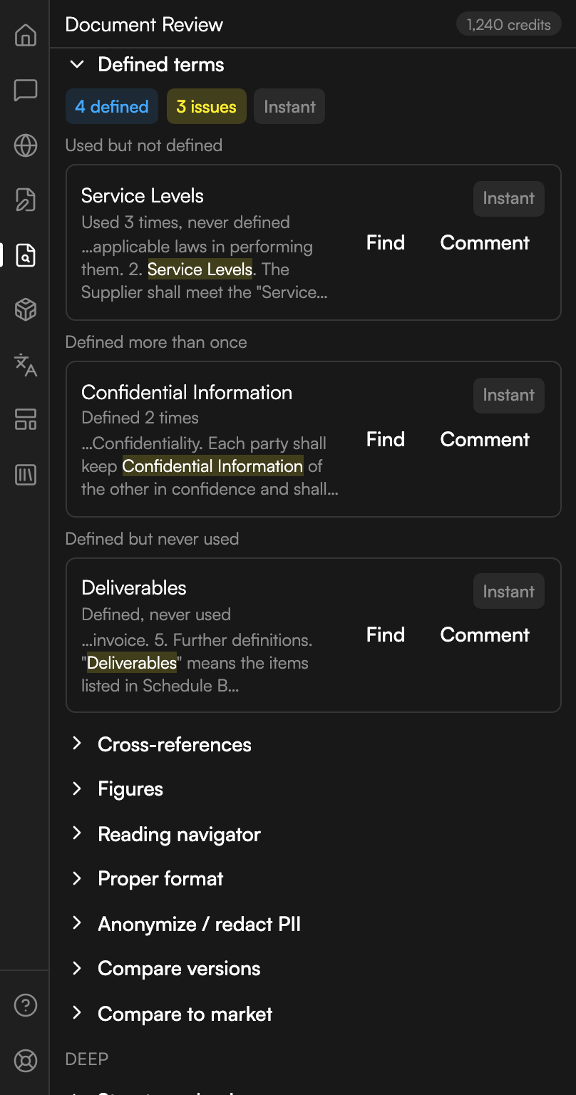The Defined terms section open, badged with the number of terms found and the number of issues among them. Three groups follow, headed Used but not defined, Defined more than once, and Defined but never used. Each holds one term with a line of the surrounding document text, the term highlighted in it, and Find and Comment actions at the right.