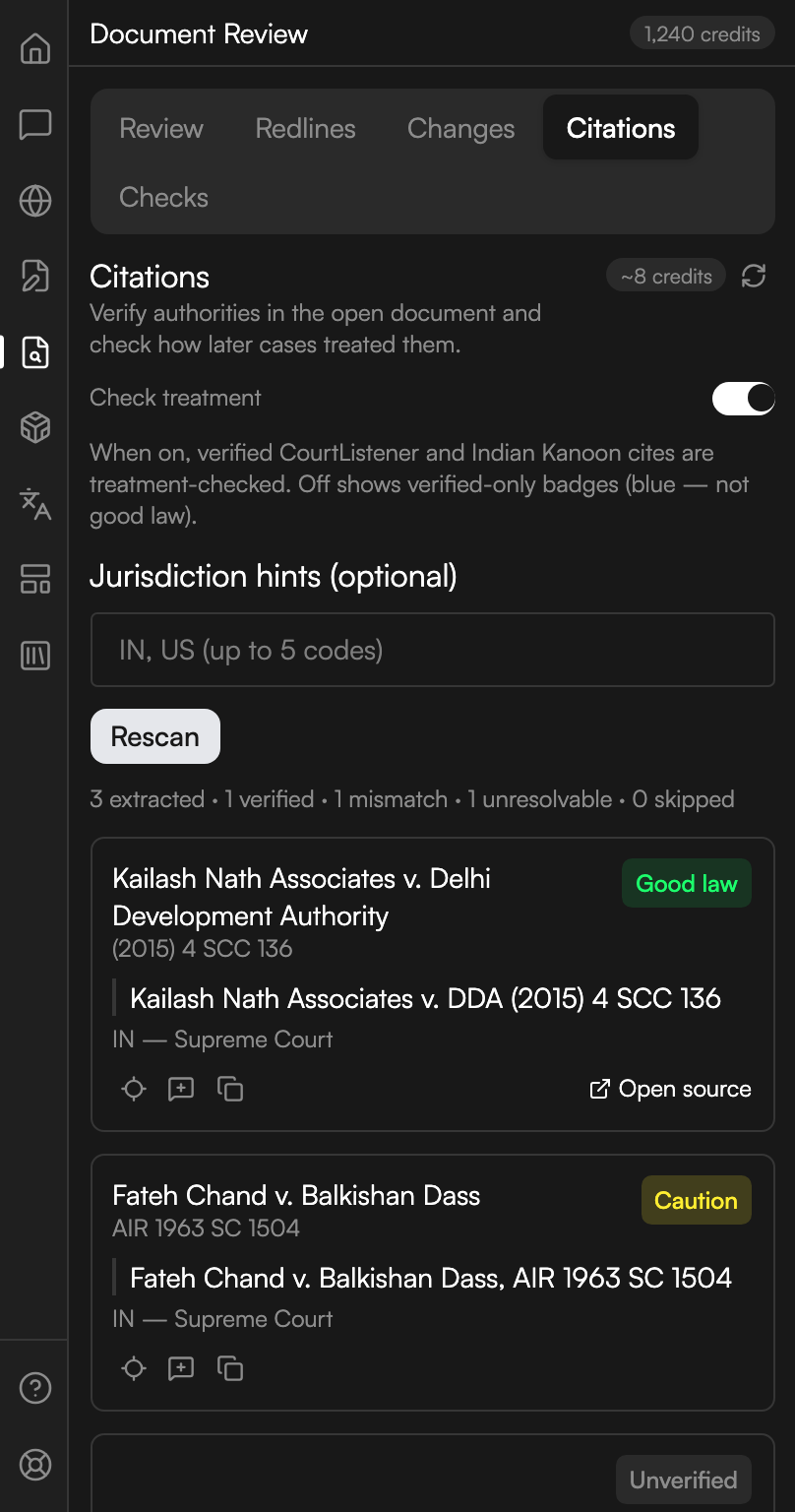 The Citations tab. A Check treatment toggle is switched on above its explanatory line, a Jurisdiction hints box placeholdered with two country codes, and a Rescan button. A counts line reports three citations extracted, one verified and one mismatched. Two results follow, one badged Good law and one badged Caution, each showing the case name, the citation, the court, small buttons for finding it in the document, commenting and copying, and an Open source link.