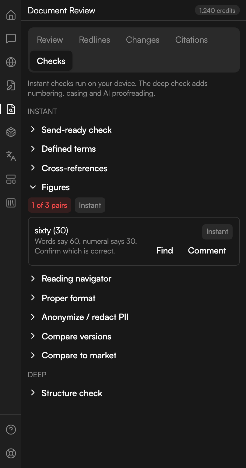 The Figures section open, badged with one mismatch out of the three pairs checked. A single finding shows the offending phrase, a line saying what the words read and what the numeral reads and asking you to confirm which is correct, and Find and Comment actions at the right.