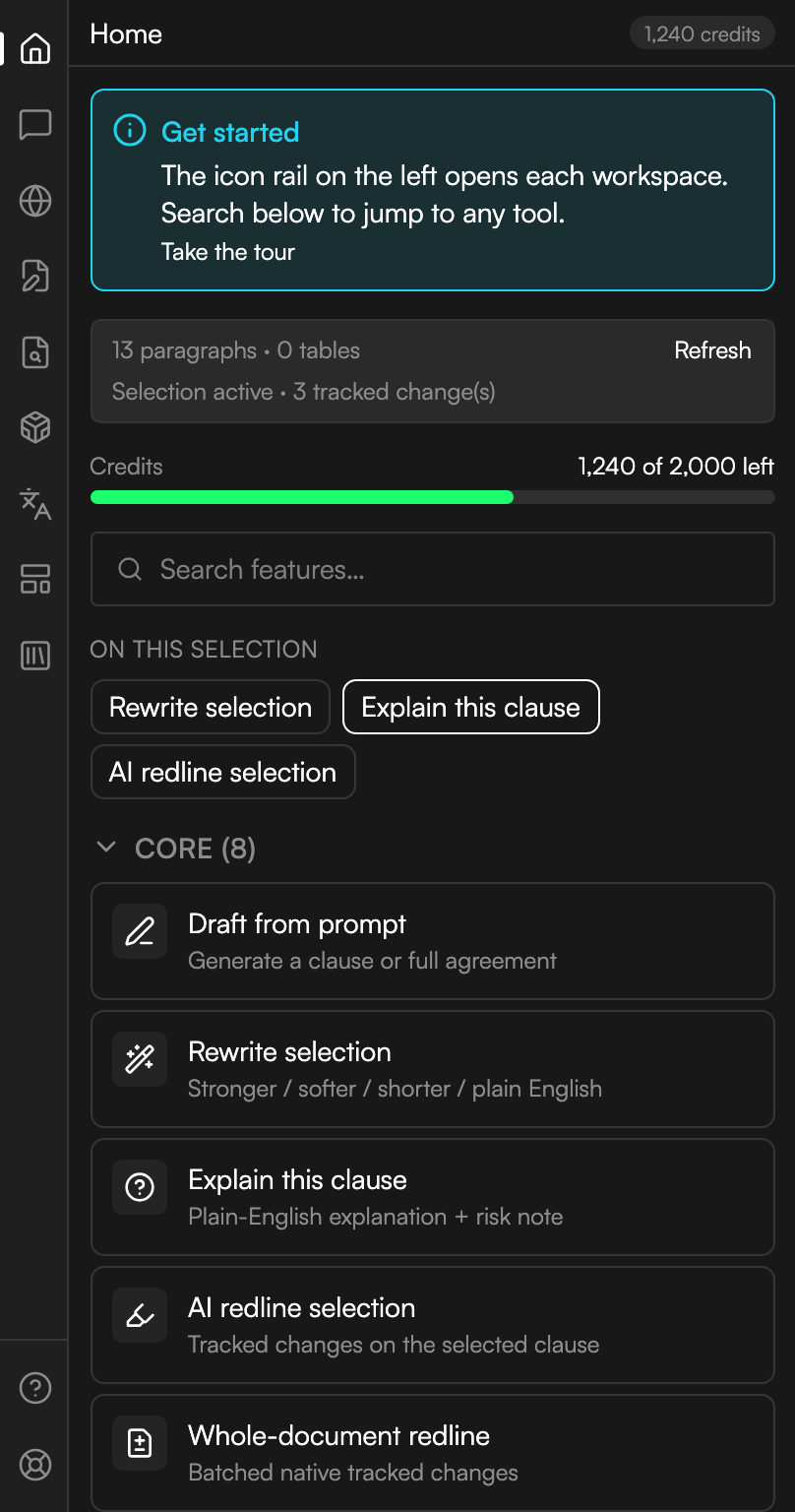 The Home screen of the Word task pane. From the top: a Get started callout with a Take the tour link, a document card giving a paragraph count and a table count with a Refresh link and a line reading Selection active with a tracked-change count, a Credits bar showing the balance against the total, a Search features box, a strip headed On this selection holding three chips, and the start of the Core tile group.