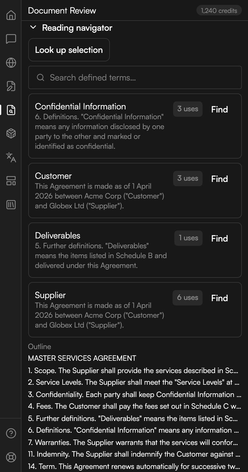 The Reading navigator section open. A Look up selection button sits above a Search defined terms box. Four defined terms follow, each with its definition quoted from the document, a use count and a Find action. Below them a block headed Outline lists the document's headings in order, starting with its title.