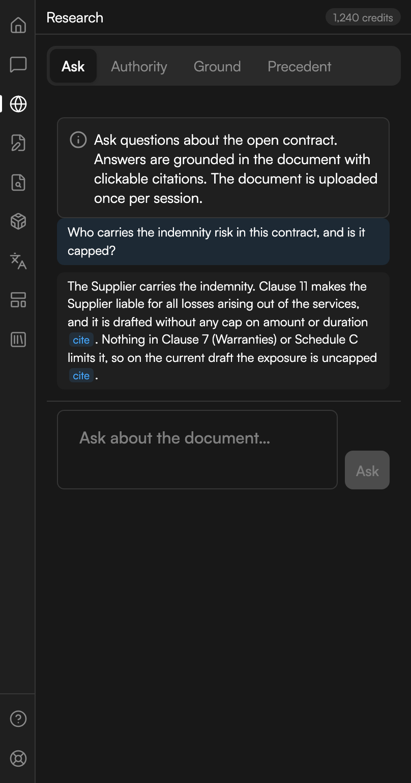 The Research workspace on the Ask tab. A note explains that answers are grounded in the document. A question about who carries the indemnity risk sits above an answer that names the clause and the schedule, with two small chips reading cite inside the answer text. The composer at the foot is placeholdered Ask about the document, with an Ask button beside it.