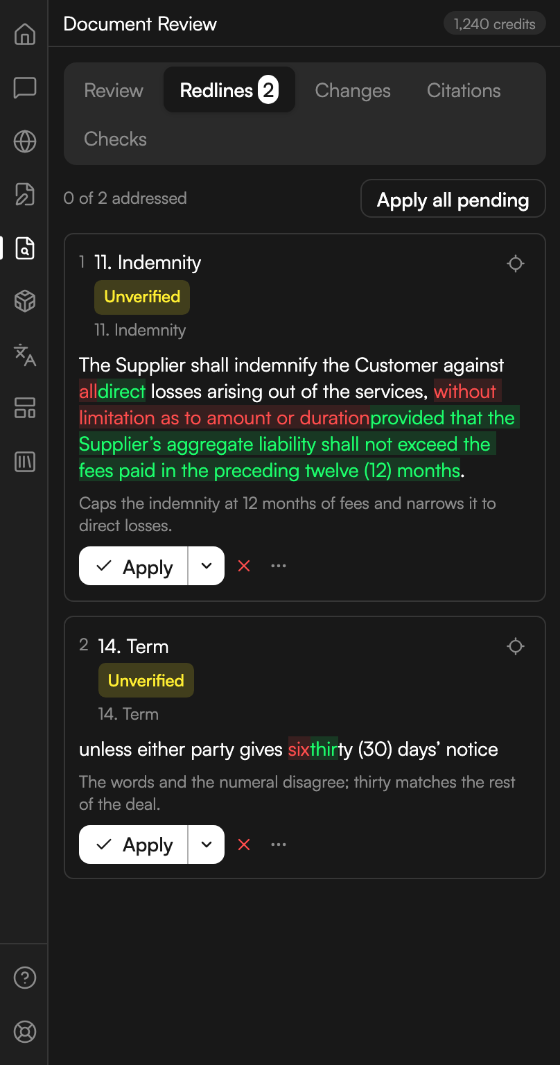 The Redlines tab reading 0 of 2 addressed, with an Apply all pending button opposite. Two cards are marked Unverified, one on the indemnity clause and one on the term clause. Each shows the proposed wording with deleted words struck through in red and inserted words marked in green, a one-line explanation, and an Apply button with a dropdown arrow, a dismiss cross and a more-actions button.