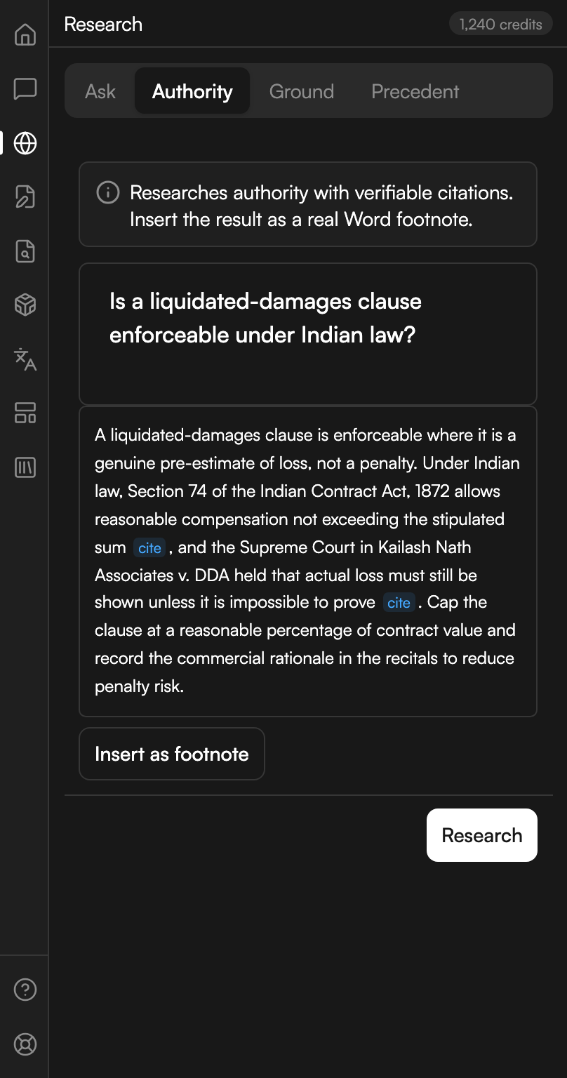 The Research workspace on the Authority tab. The question box holds a question about whether a liquidated-damages clause is enforceable under Indian law. The answer below cites a section of a statute and a Supreme Court decision, each followed by a small chip reading cite. An Insert as footnote button sits under the answer and a Research button at the foot.