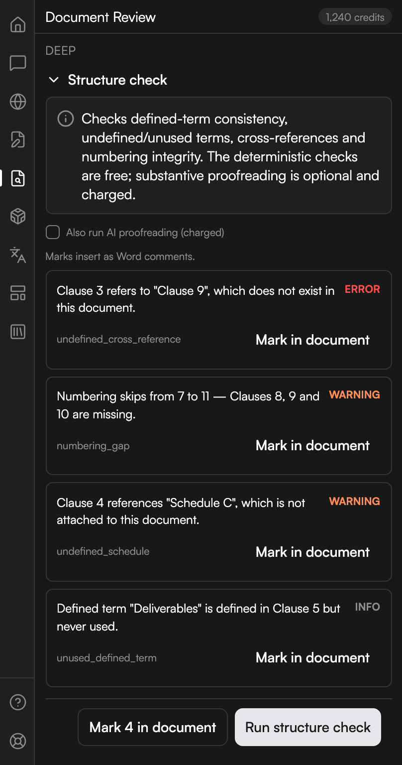 The Structure check section open with the AI proofreading checkbox unticked and a line saying marks insert as Word comments. Four findings follow: a reference to a clause that does not exist, badged error; a numbering gap, badged warning; a reference to a schedule that is not attached, badged warning; and a defined term that is never used, badged info. Each names its fault type and offers Mark in document, and two buttons at the foot mark all four or run the check again.
