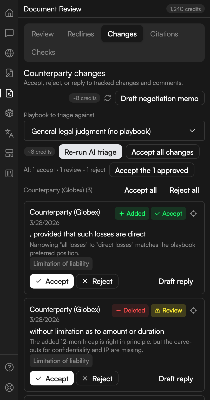 The Changes tab, headed Counterparty changes, with a reload icon and a Draft negotiation memo button at the top. A dropdown reads General legal judgment (no playbook), with Re-run AI triage and Accept all changes below it, a summary line counting the accept, review and reject verdicts, and a button to accept the approved one. Under a group heading naming the counterparty, with Accept all and Reject all links opposite, two changes are listed, one badged Added and Accept, one badged Deleted and Review, each with Accept, Reject and Draft reply.