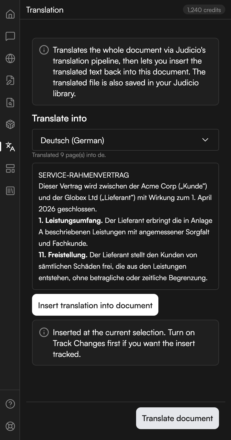 The Translation workspace. A Translate into dropdown names the target language, with a line under it reporting how many pages were translated. The translated contract fills the middle of the panel, its headings and numbered clauses intact. An Insert translation into document button sits below it, followed by the note about turning Track Changes on first, and a Translate document button at the foot.