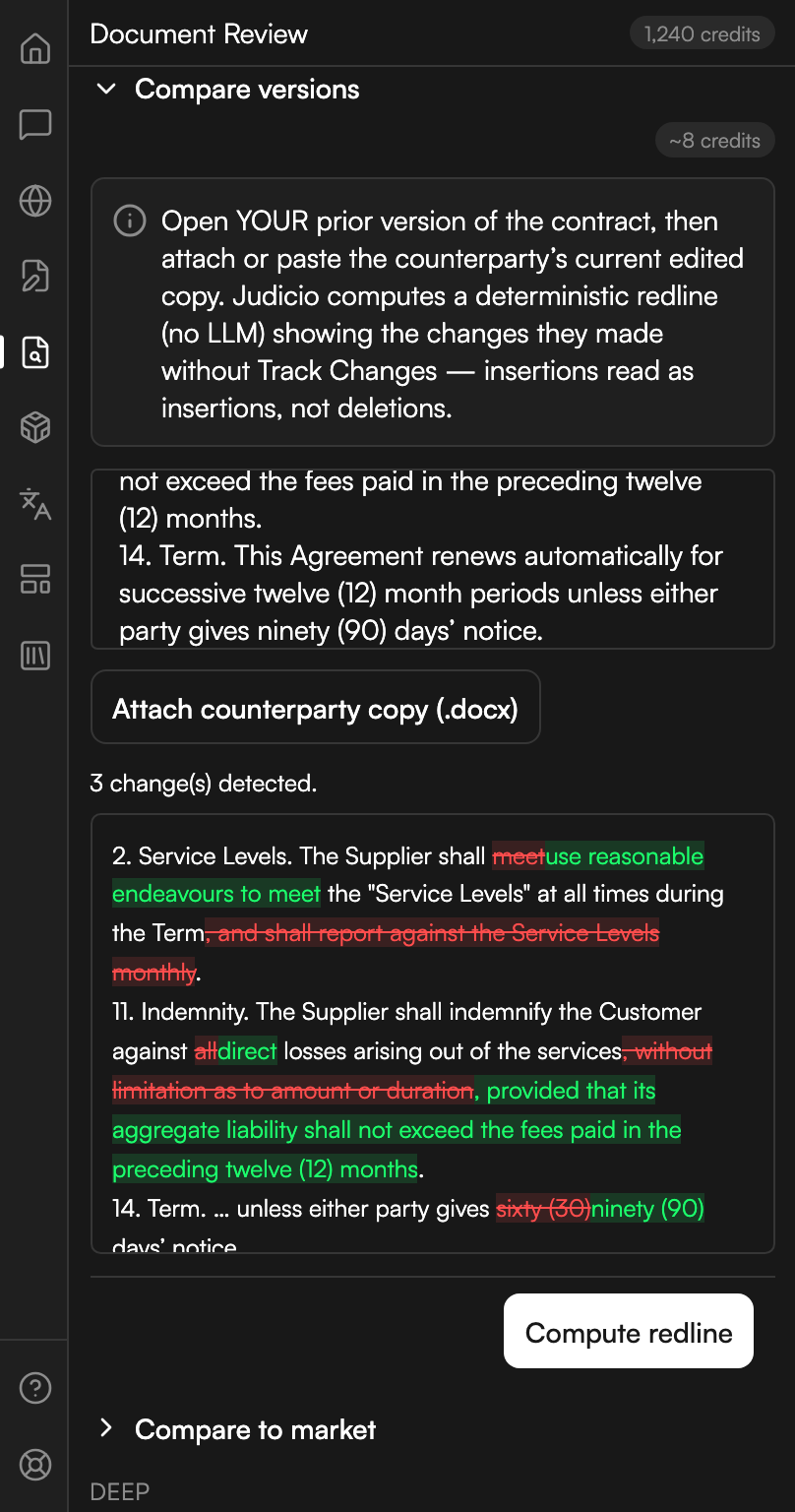 The Compare versions section open. A box holds the pasted text of the counterparty's copy, with an Attach counterparty copy button below it. A line reports how many changes were detected, and the redline that follows spans three clauses, with deleted words struck through in red and inserted words marked in green. A Compute redline button sits at the foot.