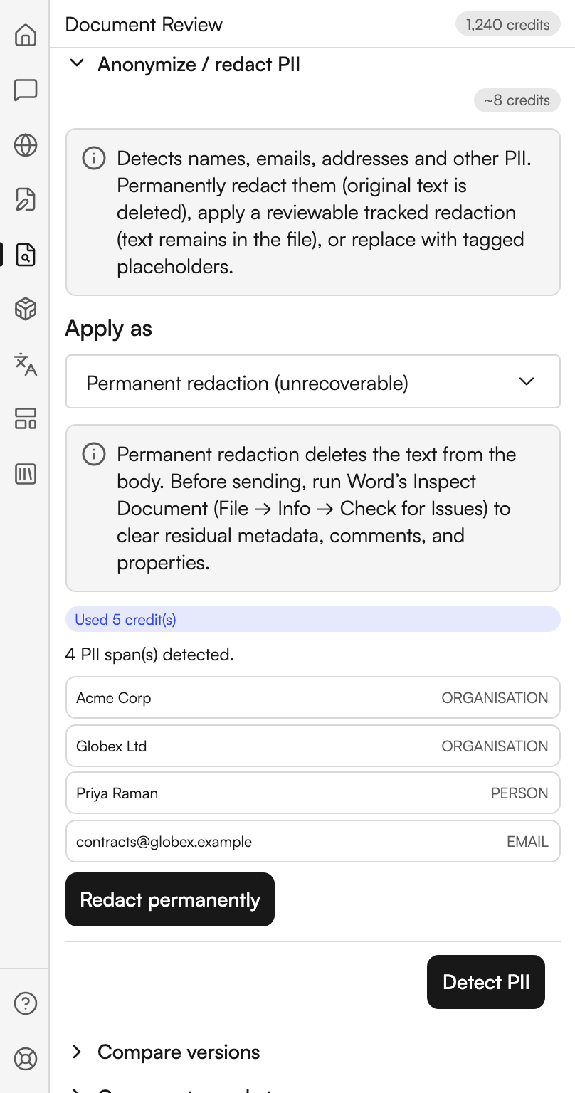 The Anonymize / redact PII section open. An Apply as dropdown reads Permanent redaction (unrecoverable), above the warning about running Word's own Inspect Document before sending. A line says four PII spans were detected, and four rows follow, each showing the detected text with its category at the right: two organisations, a person and an email address. A Redact permanently button sits below them, and a Detect PII button at the foot.