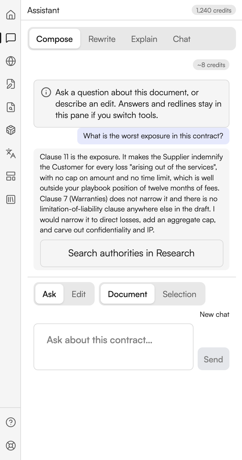 The Assistant on Compose. A question about the worst exposure in the contract sits on the right, and the answer below names the clause and says what it lacks. A full-width button reading Search authorities in Research sits under the answer. The mode row below shows Ask and Document chosen, above an empty composer.