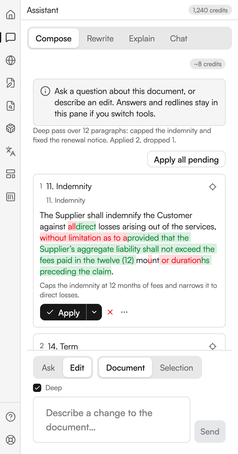 The Assistant on Compose. Below a stack of proposed edits sit two segmented controls, Ask and Edit with Edit chosen, and Document and Selection with Document chosen. A ticked checkbox labelled Deep sits under them, above a composer box placeholdered Describe a change to the document. The summary line above the cards says a deep pass ran over twelve paragraphs, applied two edits and dropped one.