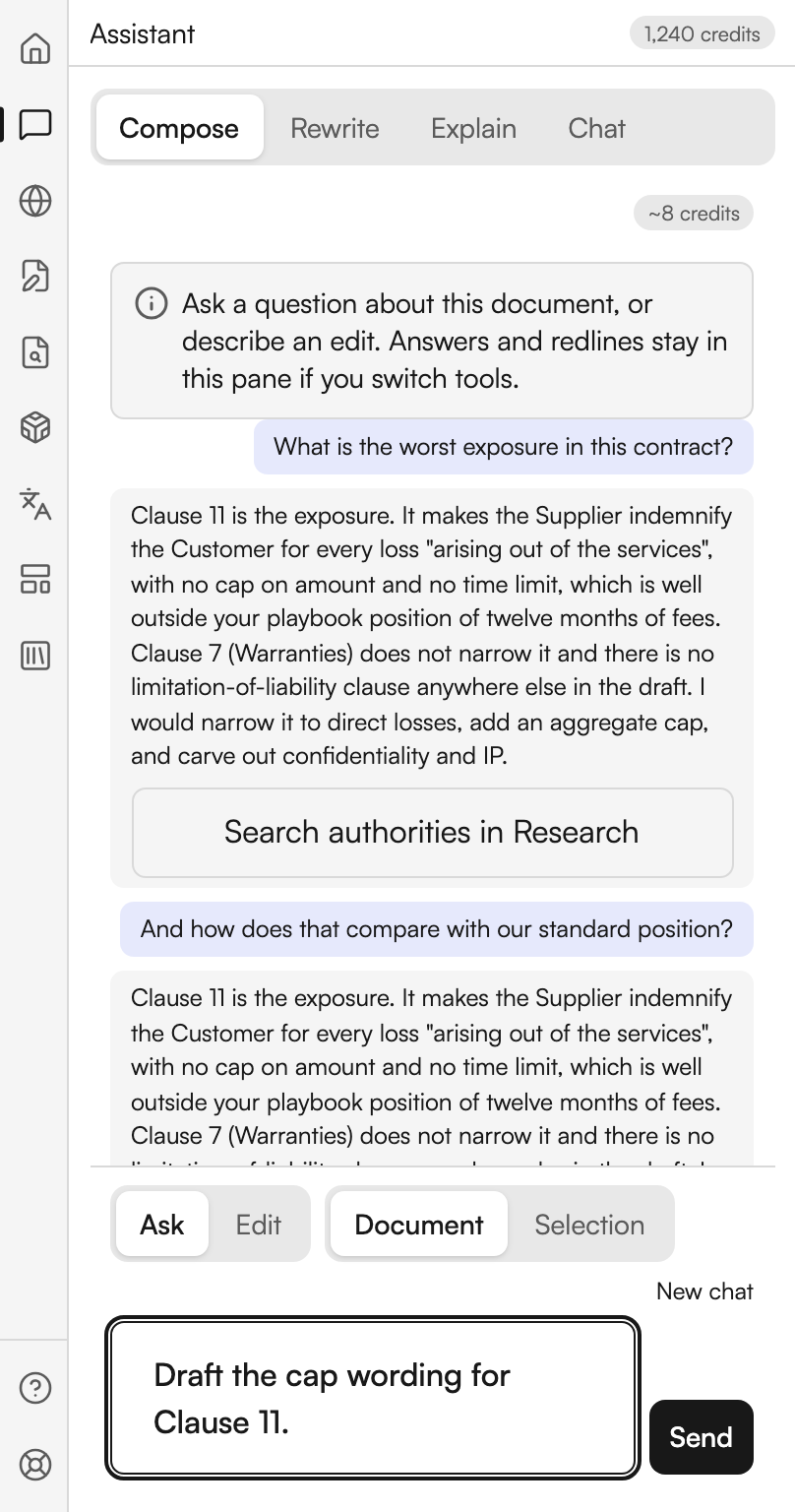 The Assistant on Compose in Ask mode. Two question and answer turns fill the panel, the questions on the right and the answers on the left, with a Search authorities in Research button under the first answer. Below them the mode row shows Ask and Document chosen with a New chat link at the right, and the composer holds a typed follow-up with a black Send button beside it.