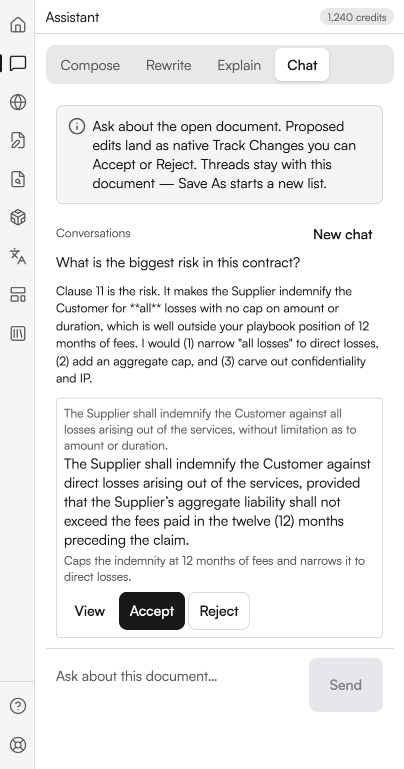 The Assistant on the Chat tab. Under a note about proposed edits landing as tracked changes sit a Conversations label and a New chat link. A question about the biggest risk in the contract is answered in full, and below the answer a card shows the current clause in grey above the proposed replacement, with View, Accept and Reject buttons. The composer at the foot is placeholdered Ask about this document.