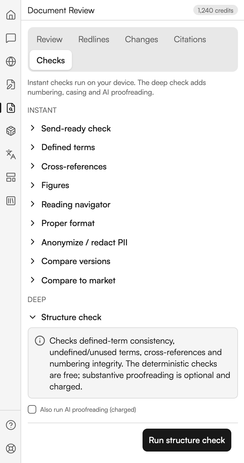 The Checks tab of Document Review. Under a note about instant checks running on your device, a group headed Instant lists nine collapsed sections, from Send-ready check down to Compare to market. A group headed Deep below it holds Structure check, opened to show its description, an unticked checkbox reading Also run AI proofreading (charged), and a Run structure check button.
