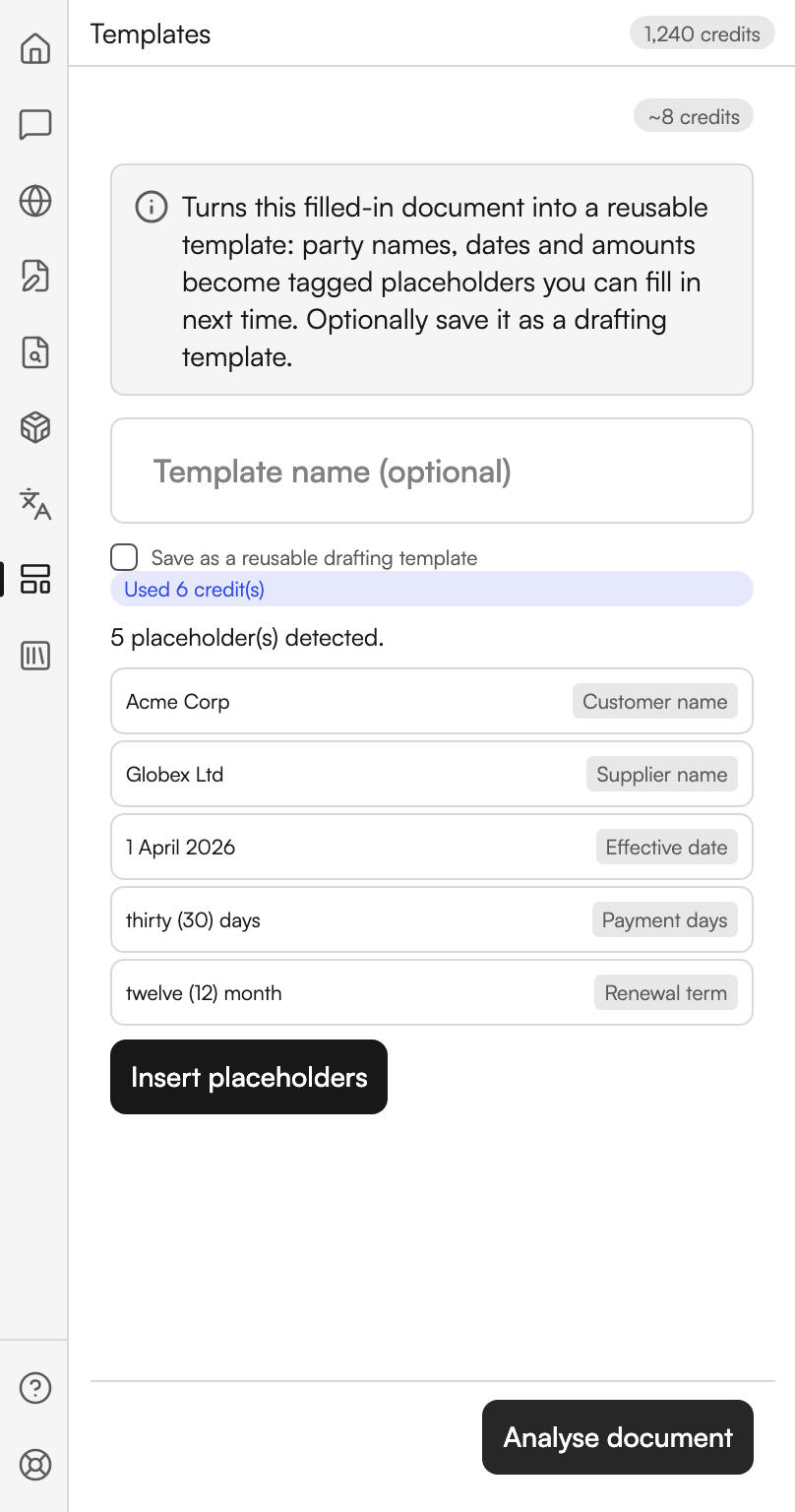 The Templates workspace. A Template name box sits above an unticked checkbox reading Save as a reusable drafting template. A line says five placeholders were detected, and five rows follow, each pairing a value lifted from the document, such as a party name, a date or a period, with a tag naming what it stands for. An Insert placeholders button sits below them, and an Analyse document button at the foot.