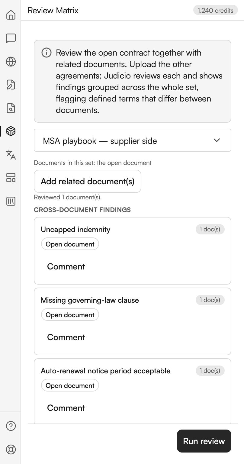 The Review Matrix workspace. A dropdown reads MSA playbook, supplier side. A line says the set holds the open document, with an Add related document(s) button under it and a line reporting one document reviewed. A heading reads Cross-document findings, and three findings follow, each showing how many documents it appears in, a chip reading Open document, and a Comment button. A Run review button sits at the foot.