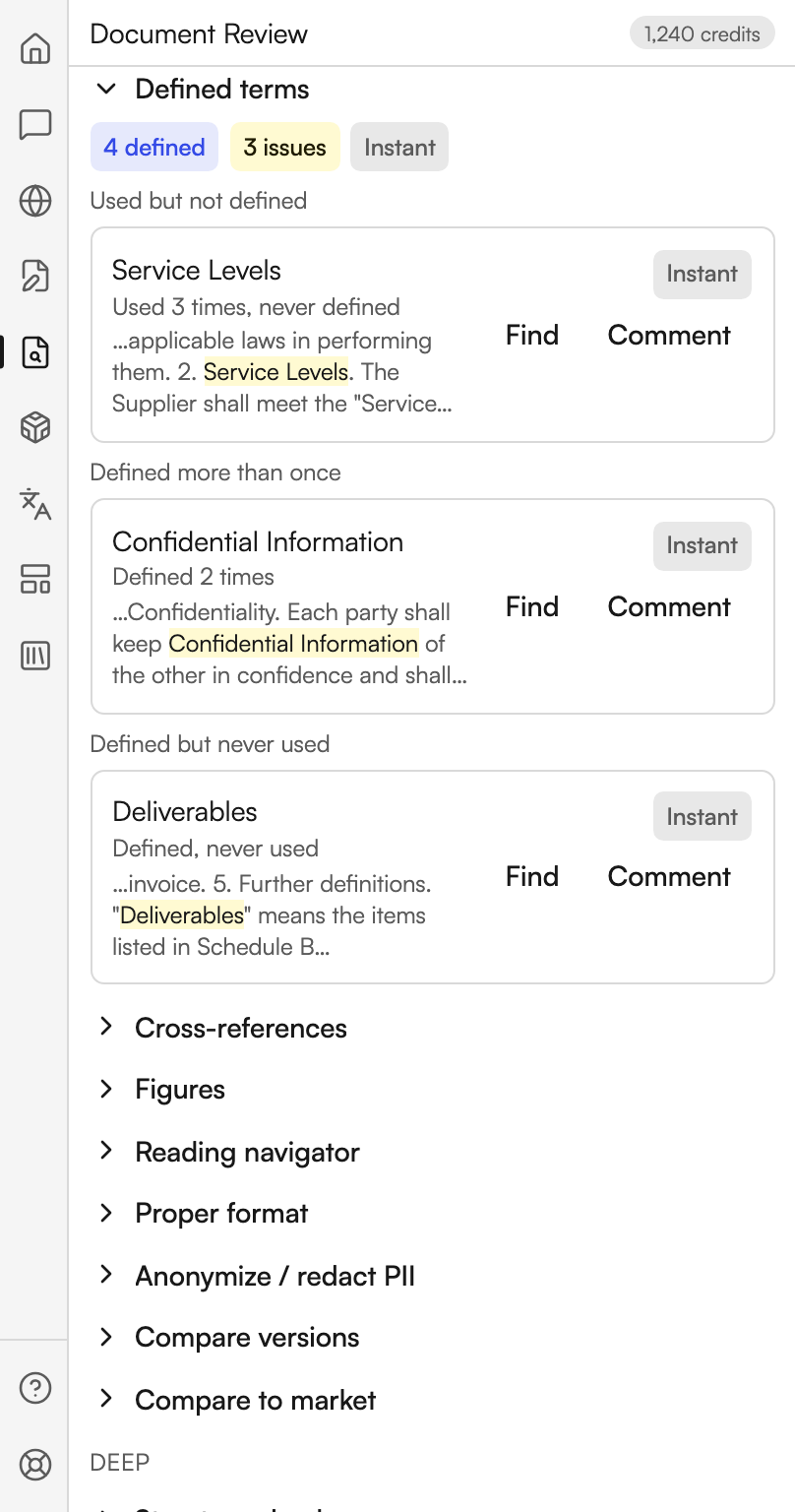 The Defined terms section open, badged with the number of terms found and the number of issues among them. Three groups follow, headed Used but not defined, Defined more than once, and Defined but never used. Each holds one term with a line of the surrounding document text, the term highlighted in it, and Find and Comment actions at the right.