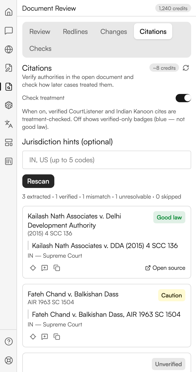 The Citations tab. A Check treatment toggle is switched on above its explanatory line, a Jurisdiction hints box placeholdered with two country codes, and a Rescan button. A counts line reports three citations extracted, one verified and one mismatched. Two results follow, one badged Good law and one badged Caution, each showing the case name, the citation, the court, small buttons for finding it in the document, commenting and copying, and an Open source link.