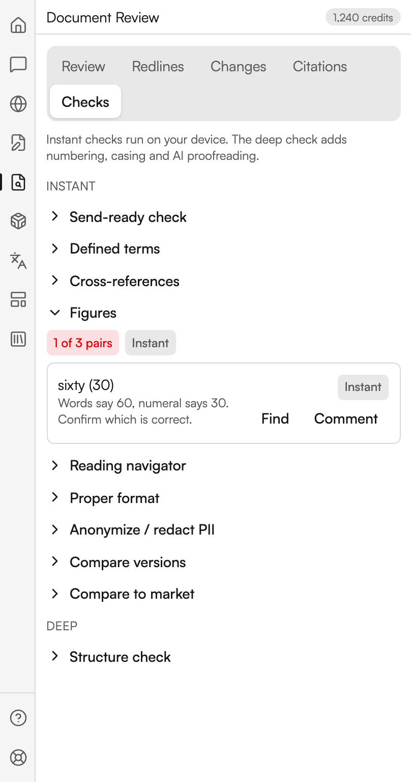 The Figures section open, badged with one mismatch out of the three pairs checked. A single finding shows the offending phrase, a line saying what the words read and what the numeral reads and asking you to confirm which is correct, and Find and Comment actions at the right.
