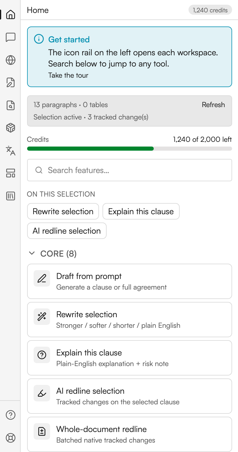 The Home screen of the Word task pane. From the top: a Get started callout with a Take the tour link, a document card giving a paragraph count and a table count with a Refresh link and a line reading Selection active with a tracked-change count, a Credits bar showing the balance against the total, a Search features box, a strip headed On this selection holding three chips, and the start of the Core tile group.