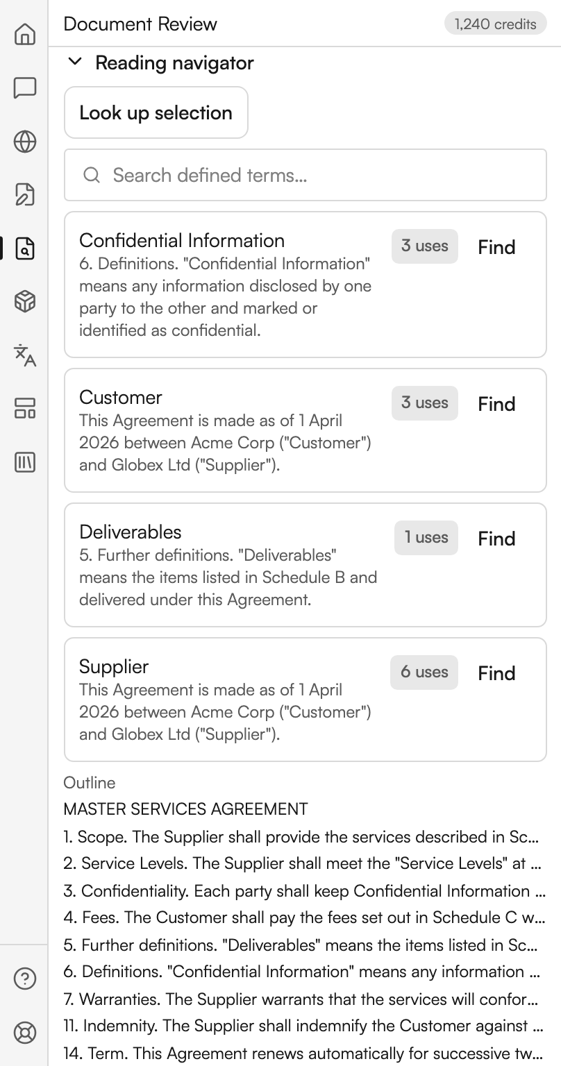 The Reading navigator section open. A Look up selection button sits above a Search defined terms box. Four defined terms follow, each with its definition quoted from the document, a use count and a Find action. Below them a block headed Outline lists the document's headings in order, starting with its title.