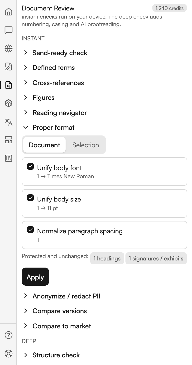 The Proper format section open. A Document and Selection control sits above three ticked checkboxes: unify body font, showing one paragraph moving to the document's dominant typeface; unify body size, showing one moving to the dominant point size; and normalize paragraph spacing, showing one. A line headed Protected and unchanged carries chips for headings and for signatures and exhibits. An Apply button sits below.