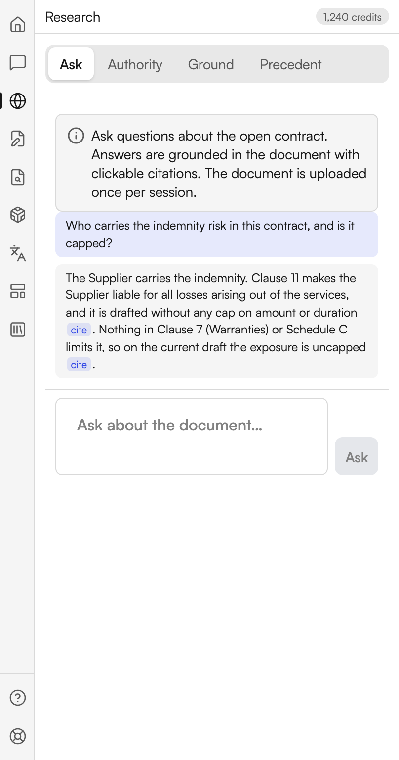 The Research workspace on the Ask tab. A note explains that answers are grounded in the document. A question about who carries the indemnity risk sits above an answer that names the clause and the schedule, with two small chips reading cite inside the answer text. The composer at the foot is placeholdered Ask about the document, with an Ask button beside it.