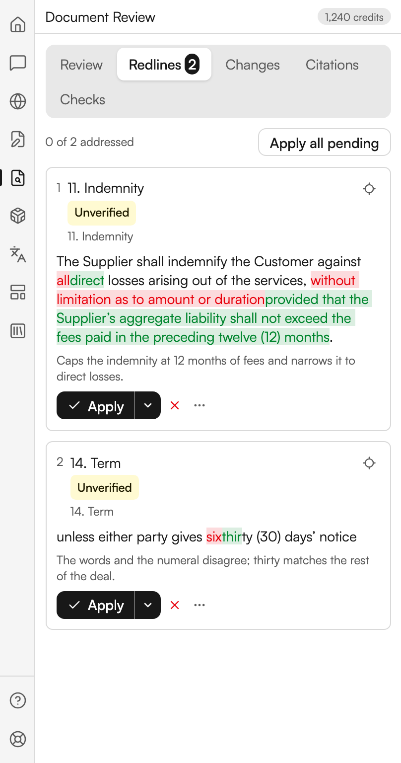 The Redlines tab reading 0 of 2 addressed, with an Apply all pending button opposite. Two cards are marked Unverified, one on the indemnity clause and one on the term clause. Each shows the proposed wording with deleted words struck through in red and inserted words marked in green, a one-line explanation, and an Apply button with a dropdown arrow, a dismiss cross and a more-actions button.