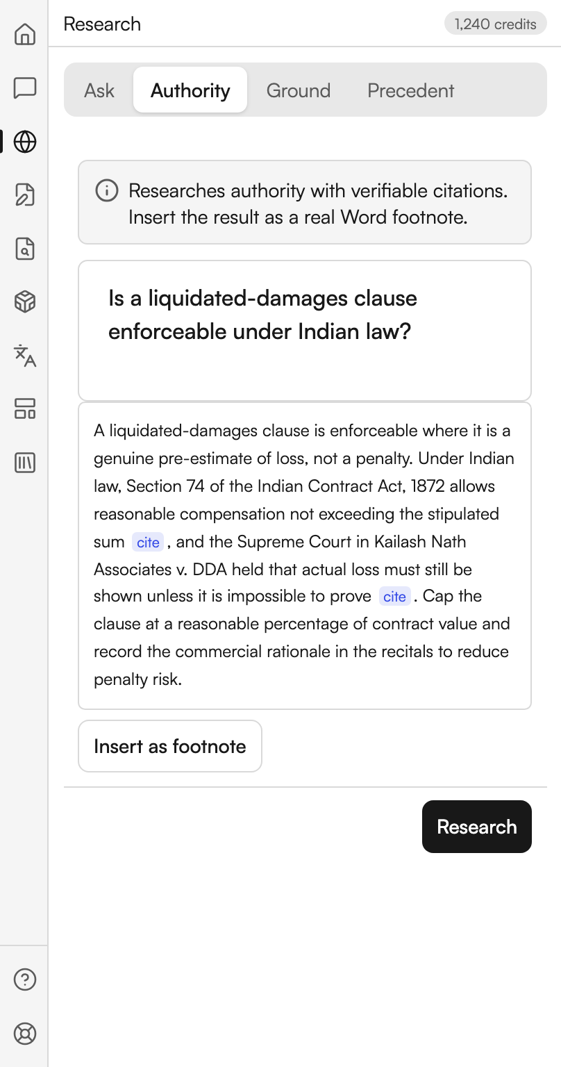 The Research workspace on the Authority tab. The question box holds a question about whether a liquidated-damages clause is enforceable under Indian law. The answer below cites a section of a statute and a Supreme Court decision, each followed by a small chip reading cite. An Insert as footnote button sits under the answer and a Research button at the foot.