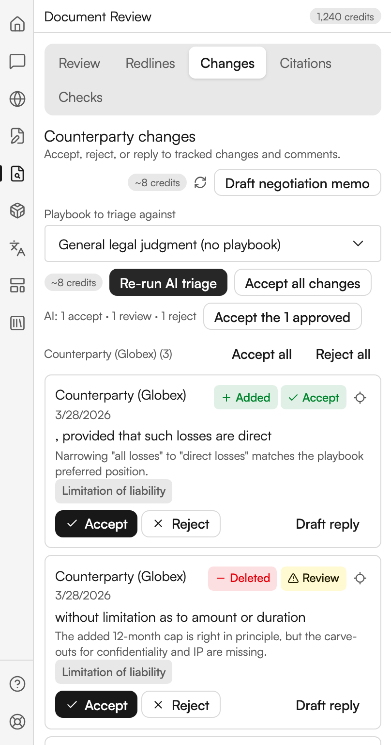 The Changes tab, headed Counterparty changes, with a reload icon and a Draft negotiation memo button at the top. A dropdown reads General legal judgment (no playbook), with Re-run AI triage and Accept all changes below it, a summary line counting the accept, review and reject verdicts, and a button to accept the approved one. Under a group heading naming the counterparty, with Accept all and Reject all links opposite, two changes are listed, one badged Added and Accept, one badged Deleted and Review, each with Accept, Reject and Draft reply.