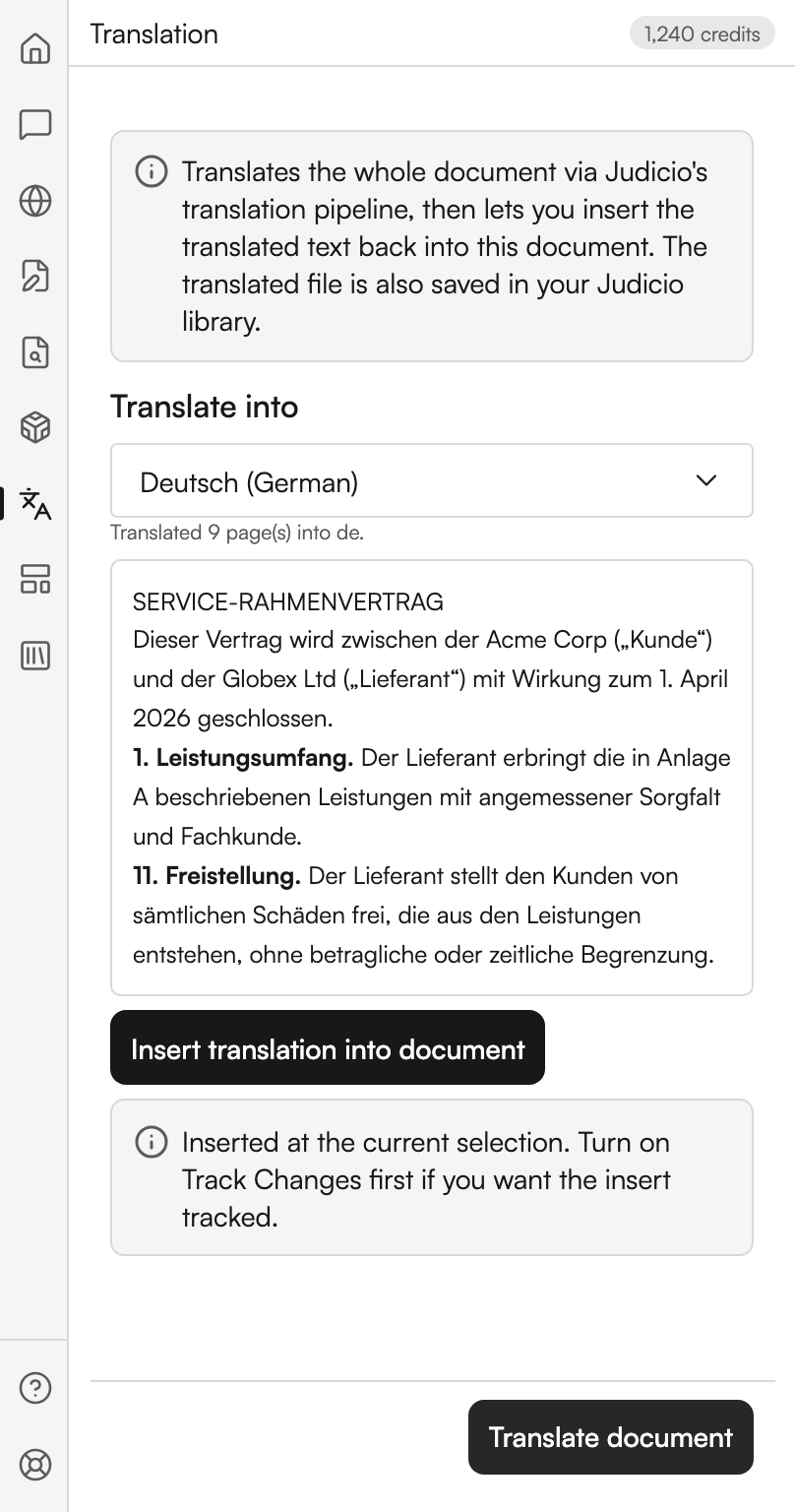 The Translation workspace. A Translate into dropdown names the target language, with a line under it reporting how many pages were translated. The translated contract fills the middle of the panel, its headings and numbered clauses intact. An Insert translation into document button sits below it, followed by the note about turning Track Changes on first, and a Translate document button at the foot.