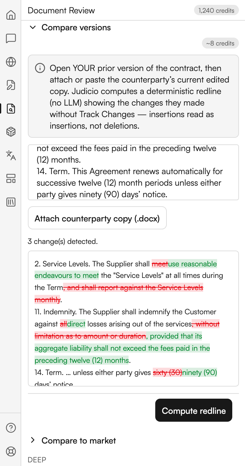 The Compare versions section open. A box holds the pasted text of the counterparty's copy, with an Attach counterparty copy button below it. A line reports how many changes were detected, and the redline that follows spans three clauses, with deleted words struck through in red and inserted words marked in green. A Compute redline button sits at the foot.