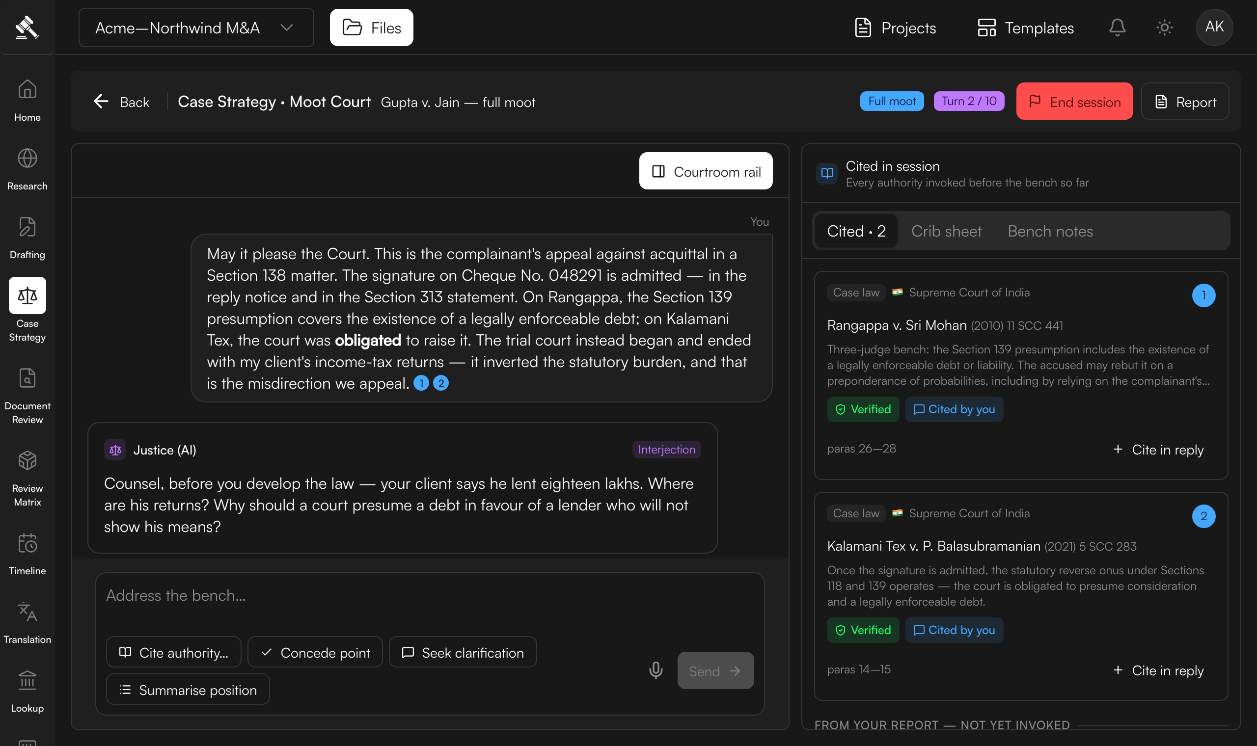 A moot court session — counsel's opening submission followed by the AI judge's interjection in the courtroom thread, with the cited-authorities rail on the right.