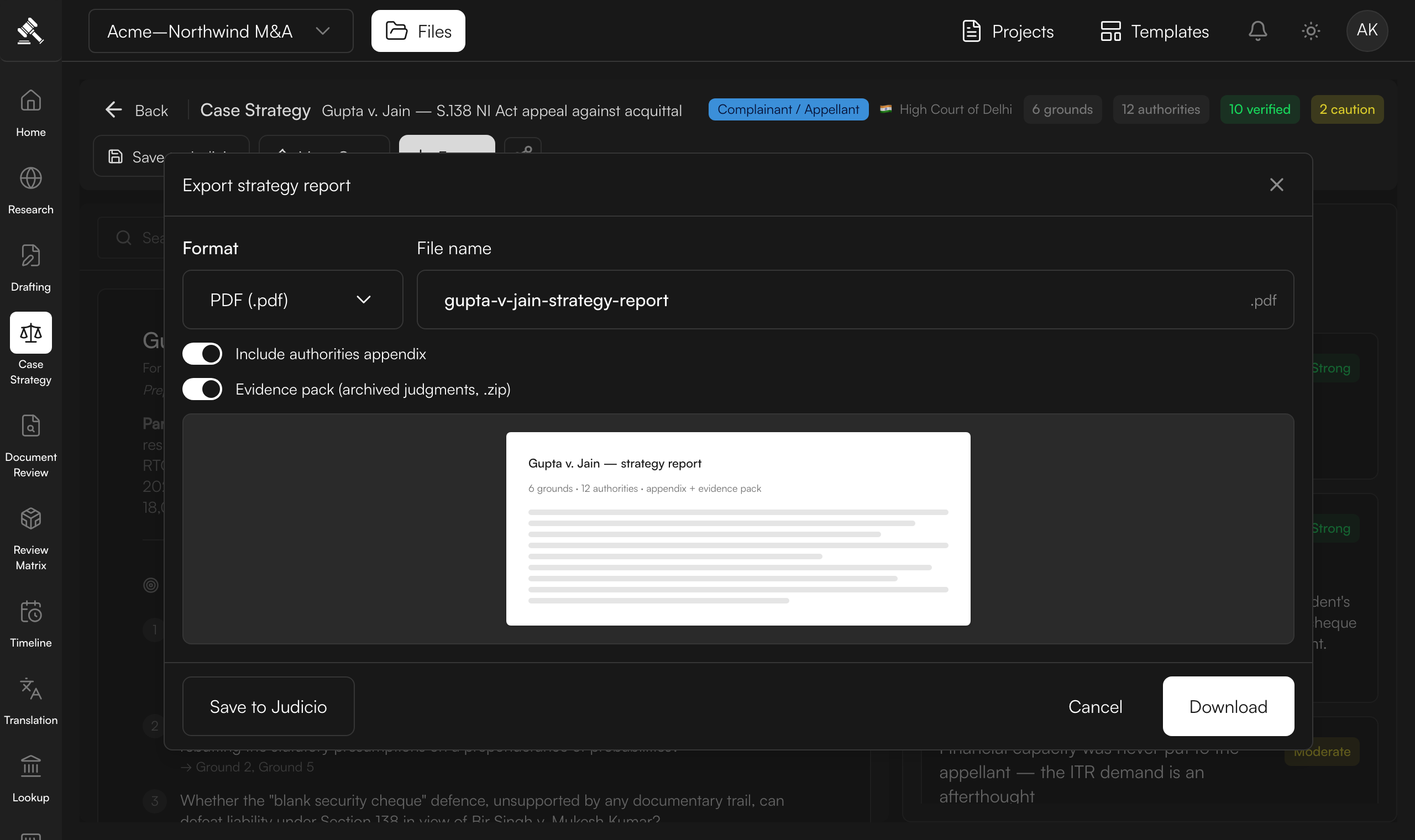 The export dialog for a strategy report — format and file name, with the authorities appendix and evidence pack toggles.