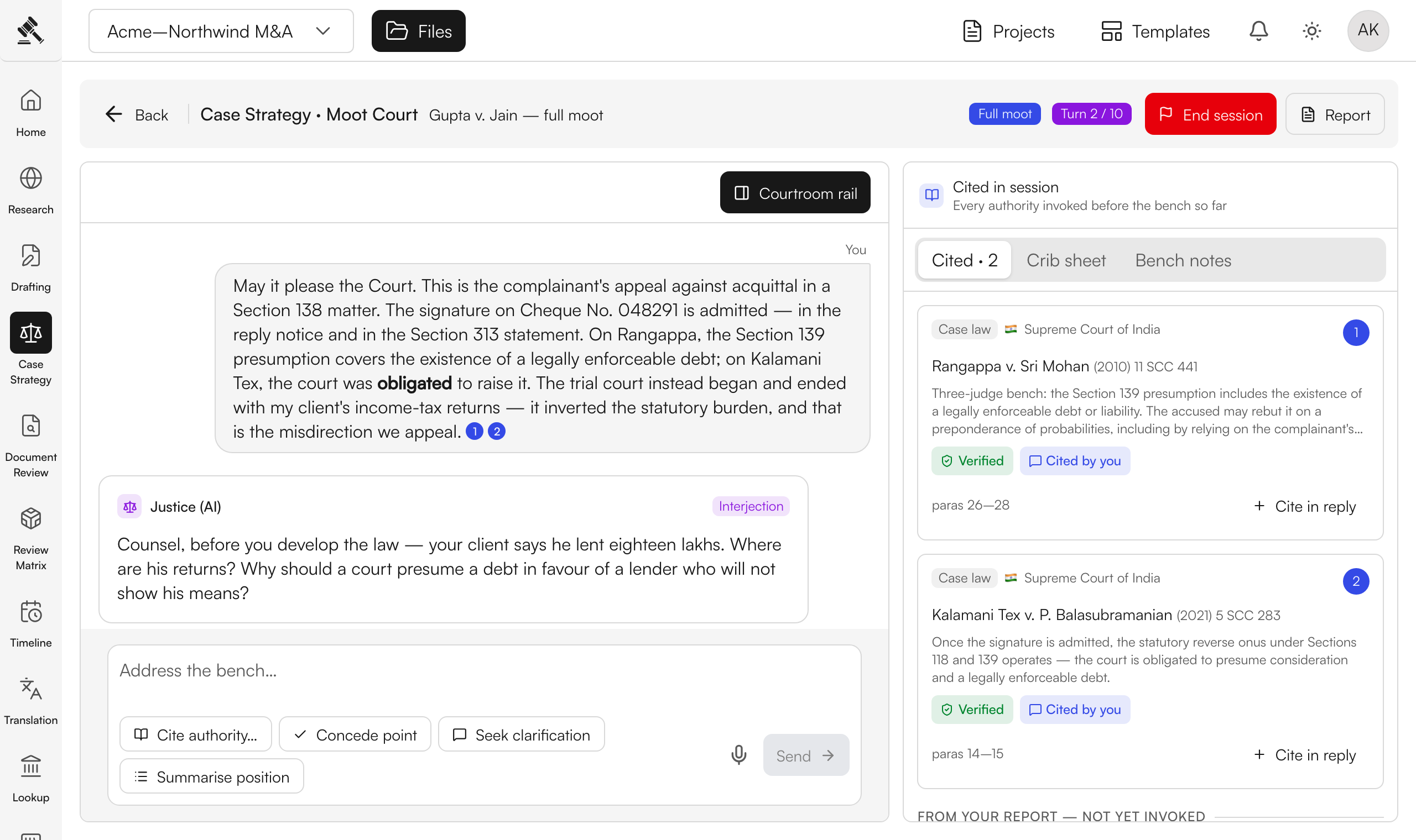 A moot court session — counsel's opening submission followed by the AI judge's interjection in the courtroom thread, with the cited-authorities rail on the right.