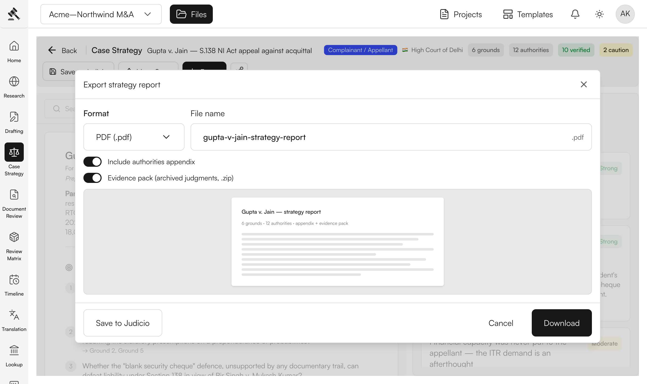 The export dialog for a strategy report — format and file name, with the authorities appendix and evidence pack toggles.