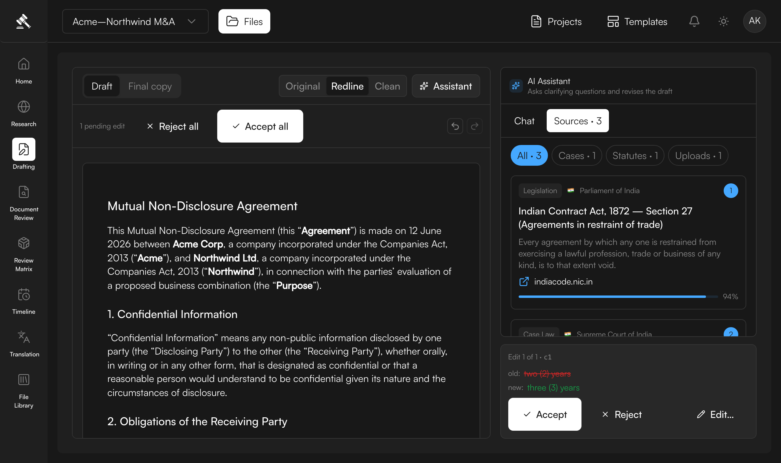 Ask the AI to revise — as a tracked change