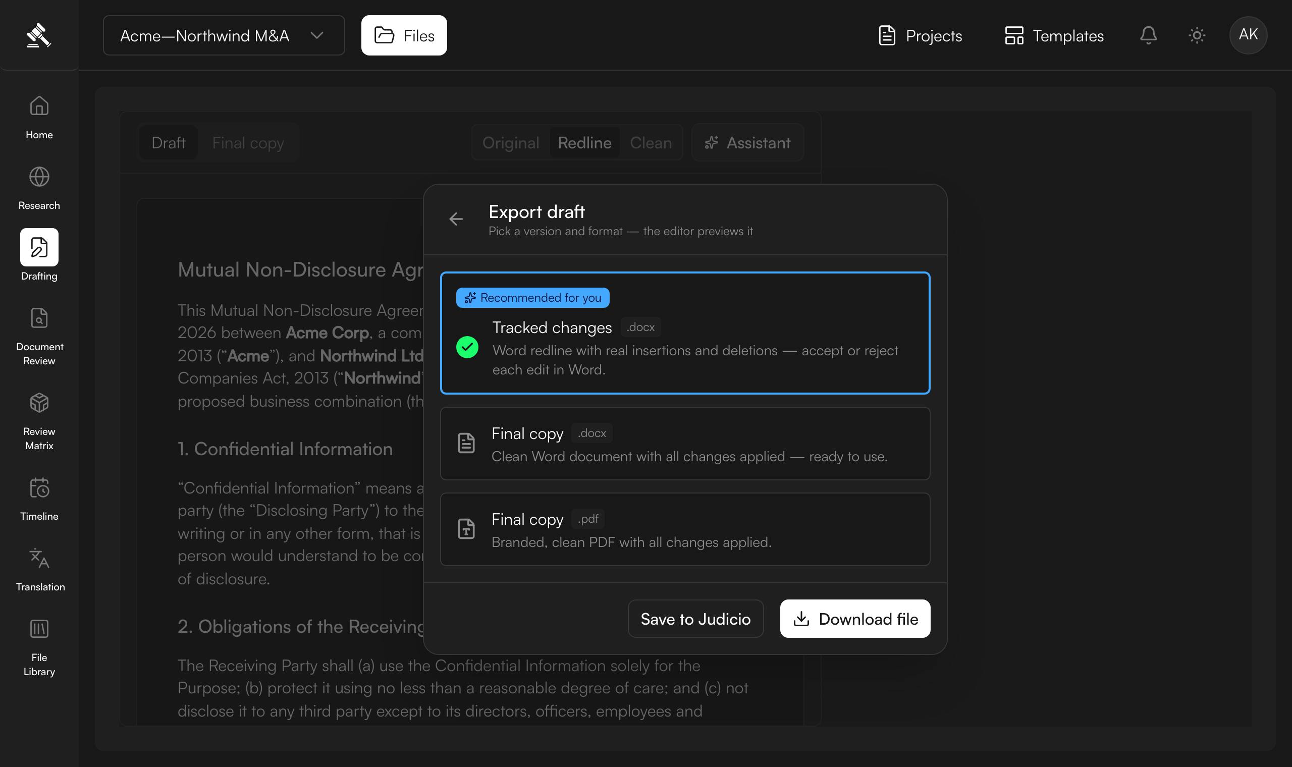 Export — or save to Judicio