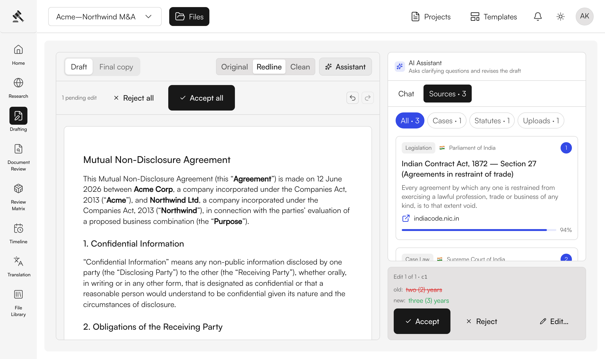 Ask the AI to revise — as a tracked change