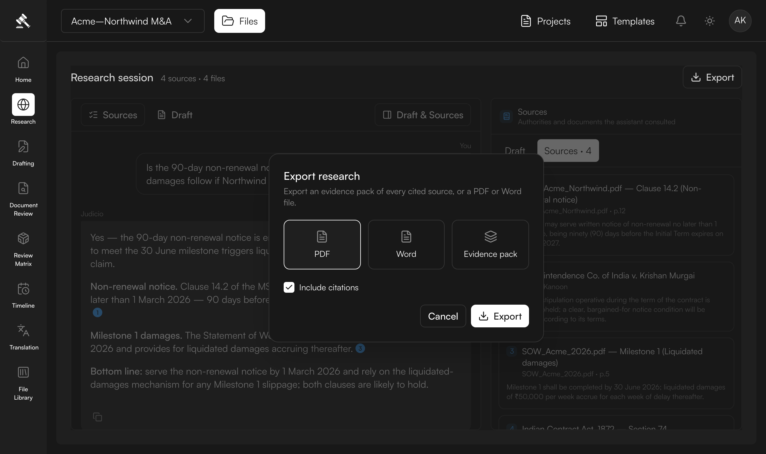 Export — PDF, Word, or an evidence pack