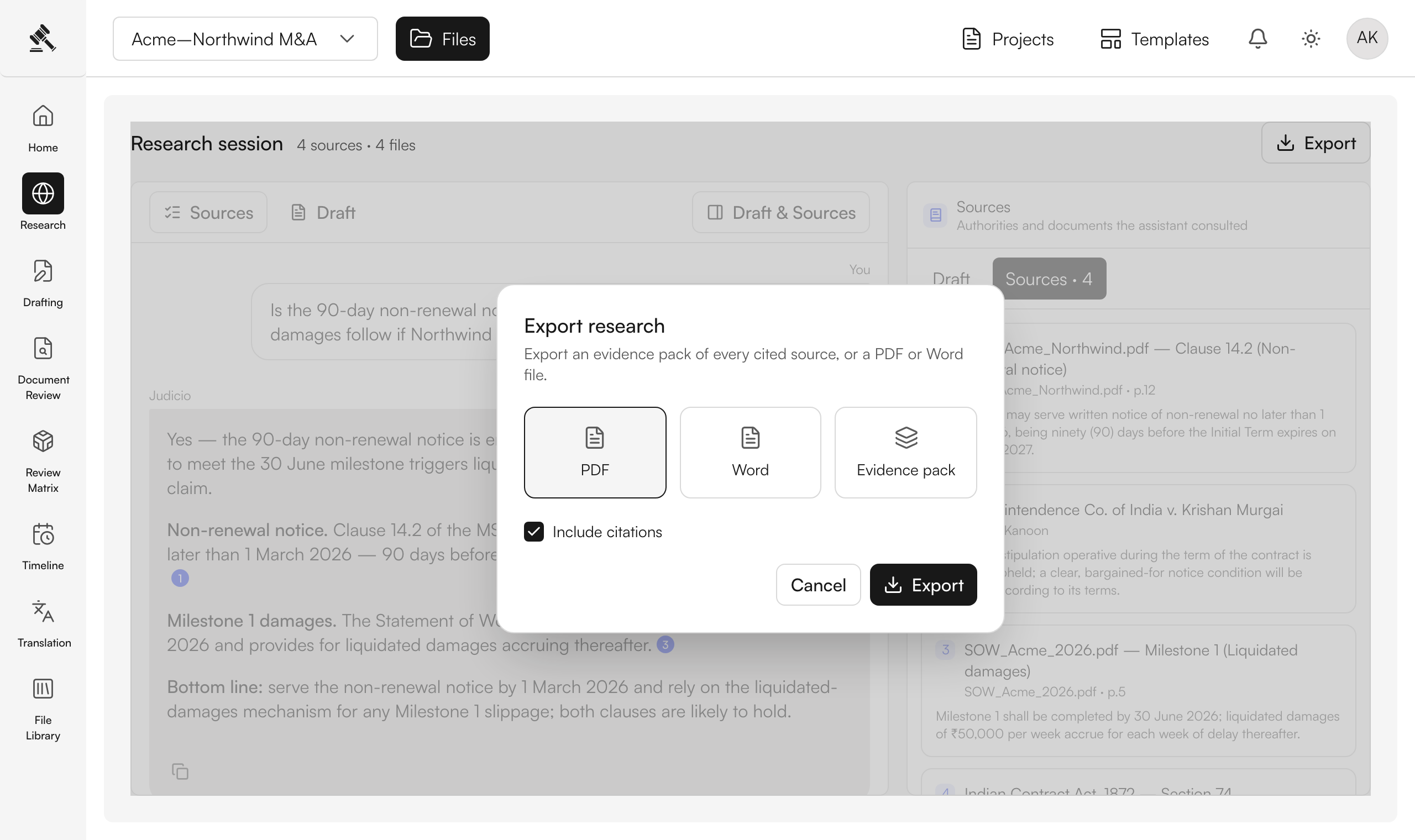 Export — PDF, Word, or an evidence pack