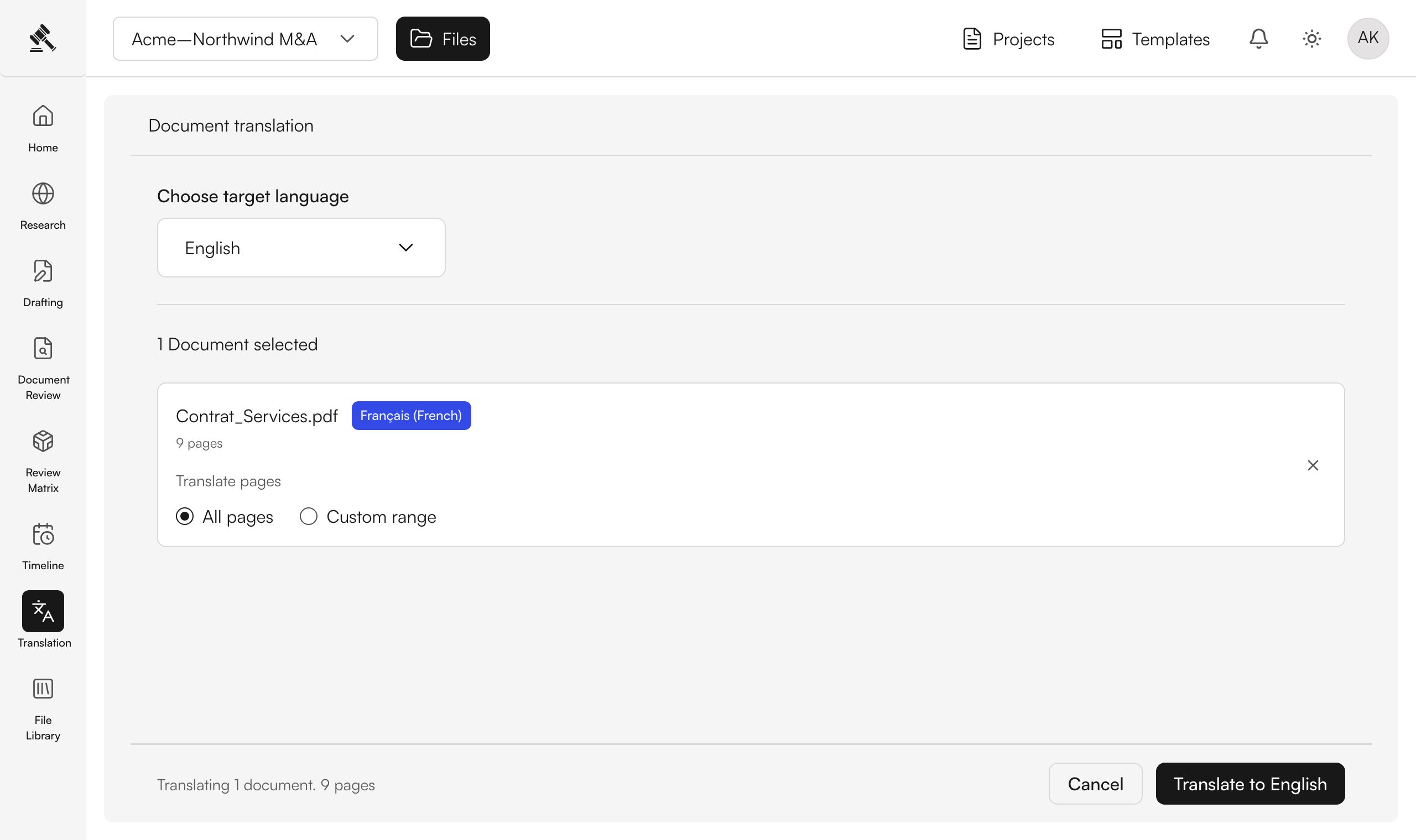 Select a file and choose the language